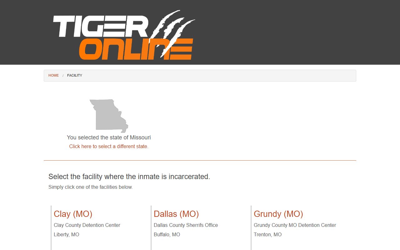 Shelby County inmate records Tiger Commissary Missouri facility selector